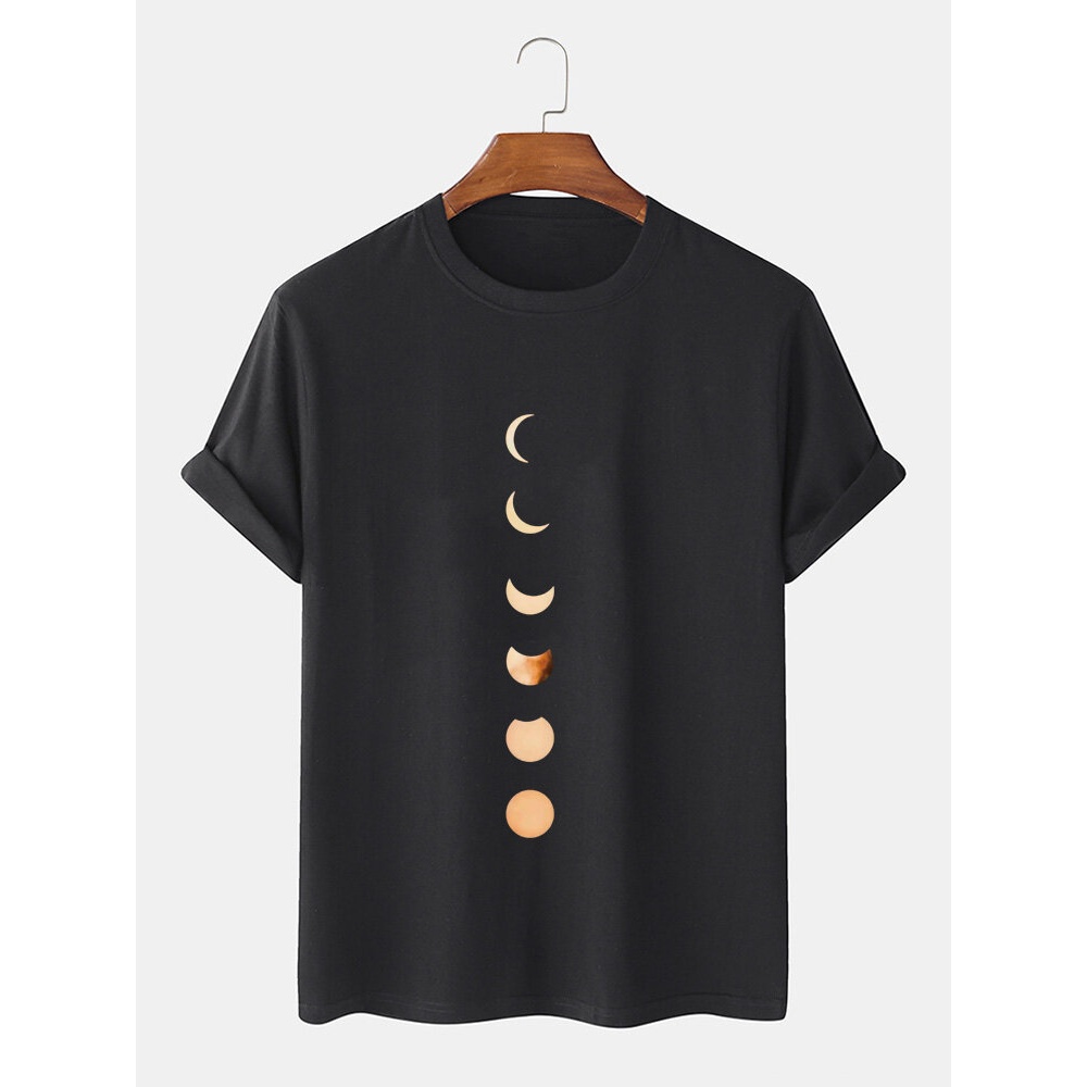 Moon Eclipse Print Short Sleeve 100% Cotton Breathable T-Shirts - Grey S