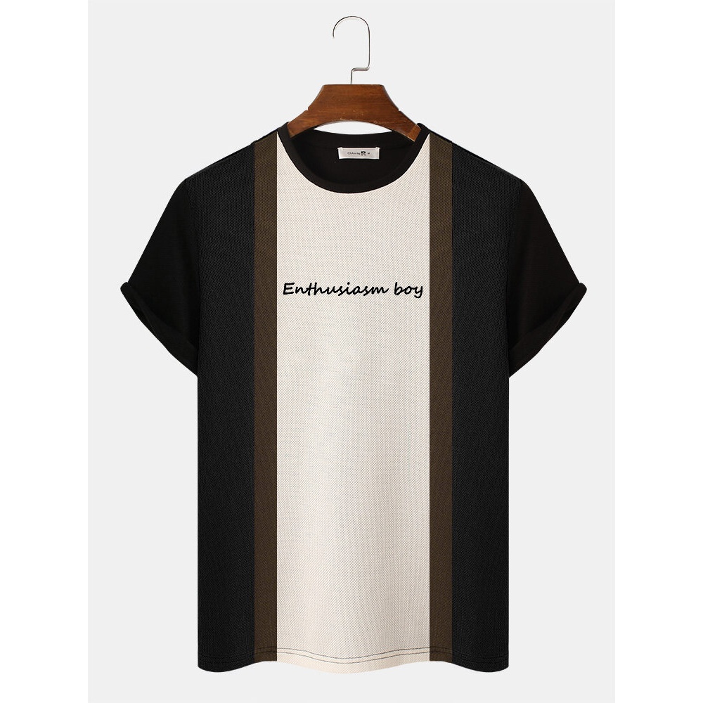 Mens Veins Stripe Patchwork Letter Embroidery Preppy T-Shirts - Orange S