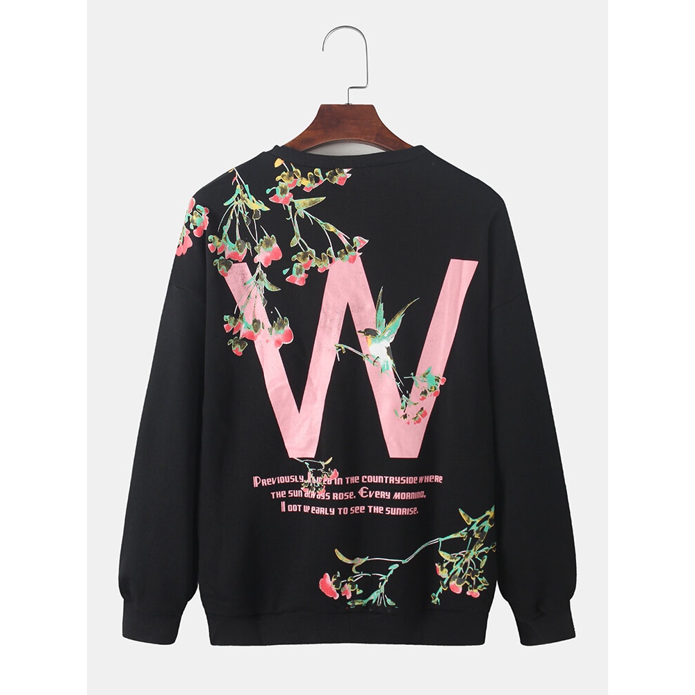 Mens Slogan Back Print Floral Graphics Pullover Round Neck Sweatshirts - Black XL