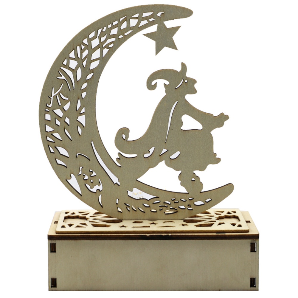 Wooden Halloween Ornament Carving Hollowed Moon Witch Decor with LED Light JM01996