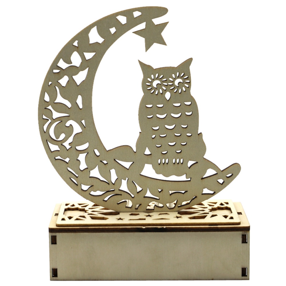 Wooden Halloween Ornament Carving Hollowed Moon Witch Decor with LED Light JM01995