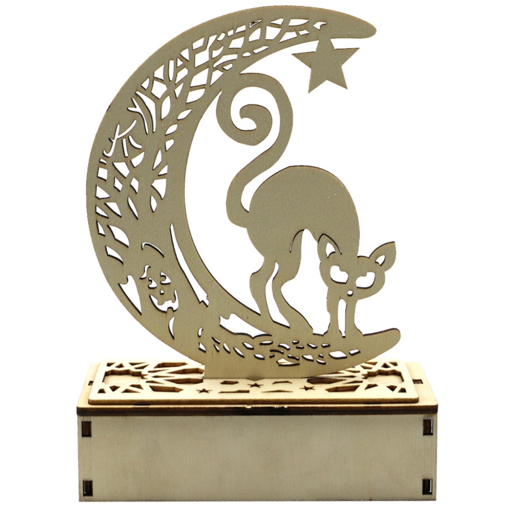 Wooden Halloween Ornament Carving Hollowed Moon Witch Decor with LED Light JM01994