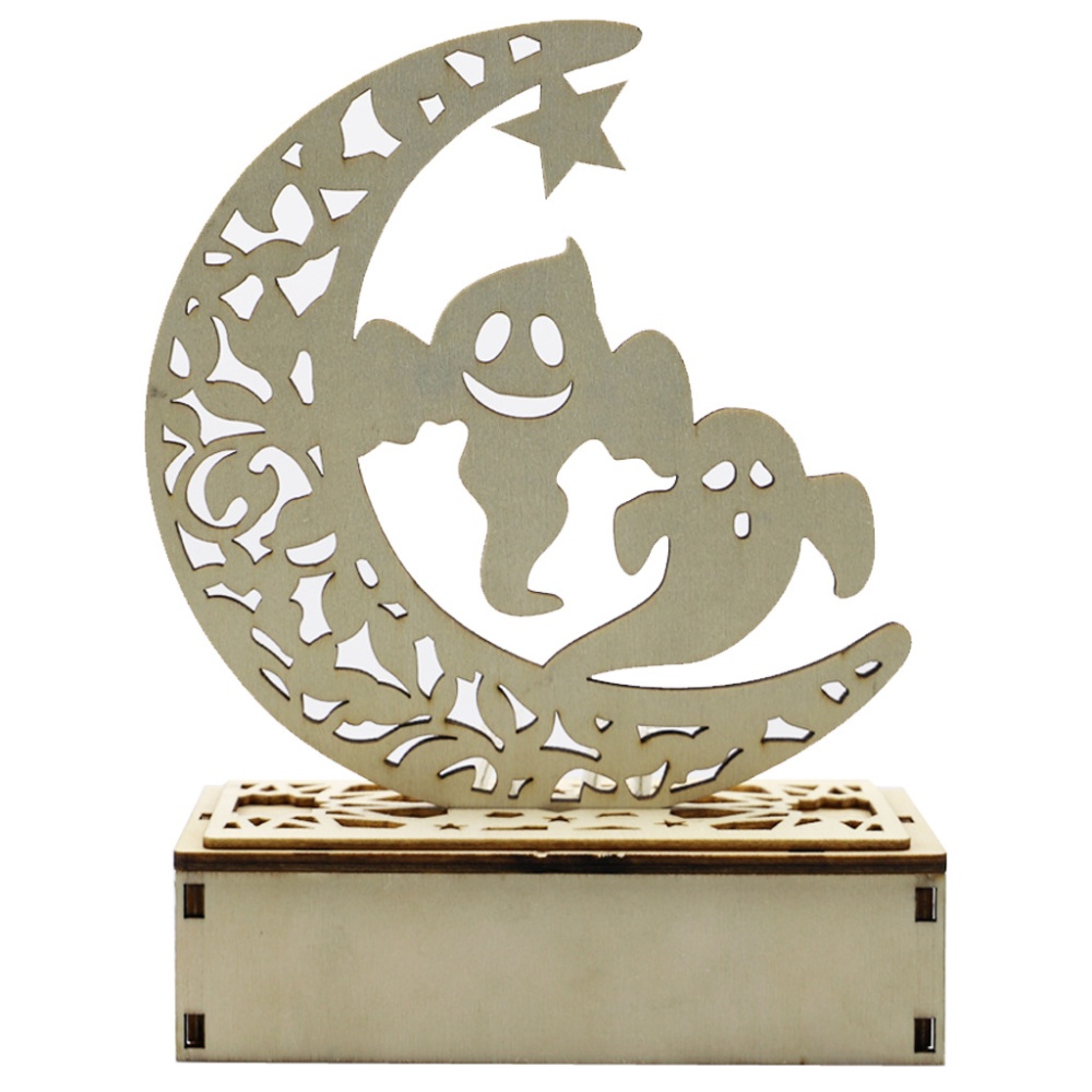 Wooden Halloween Ornament Carving Hollowed Moon Witch Decor with LED Light JM01993