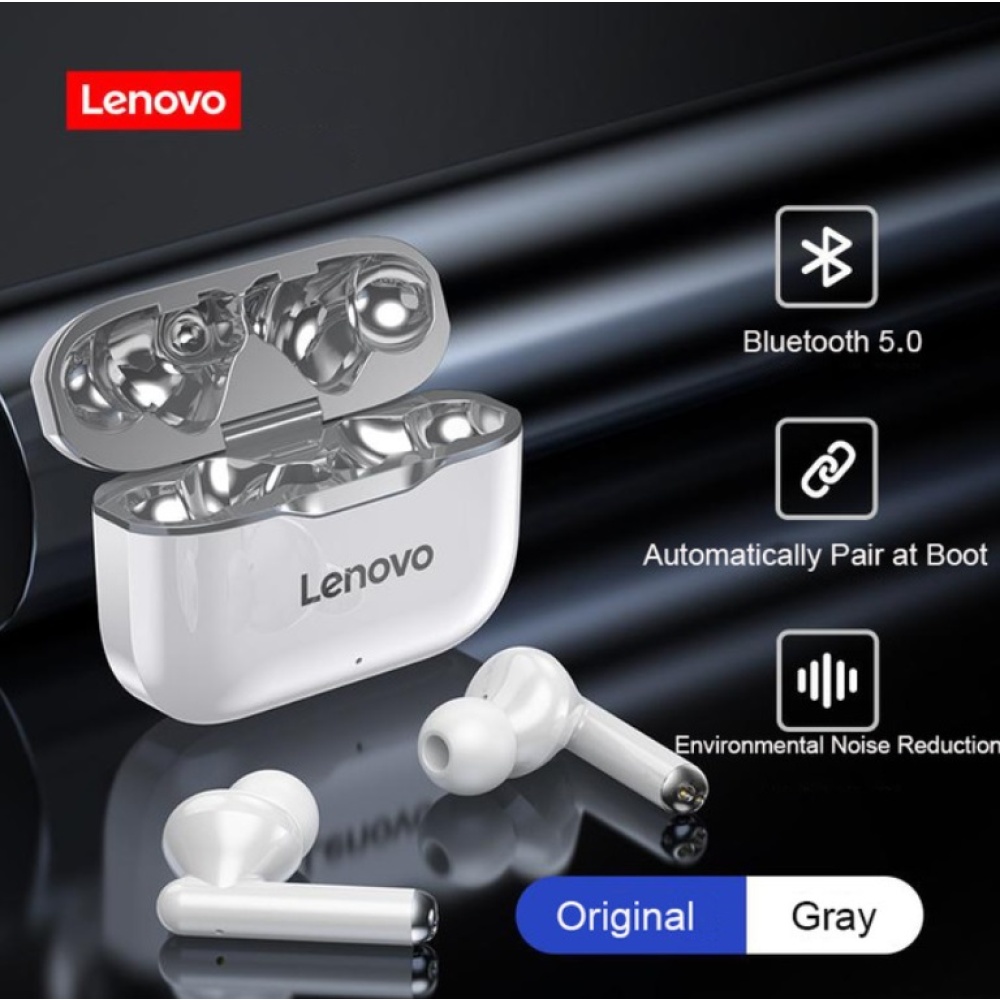 Original LENOVO Wireless Earphones Bluetooth 5.0 TWS LP1 Earbuds 9D Stereo Sound Noise Reduction IPX4 Headsets With Mic gray