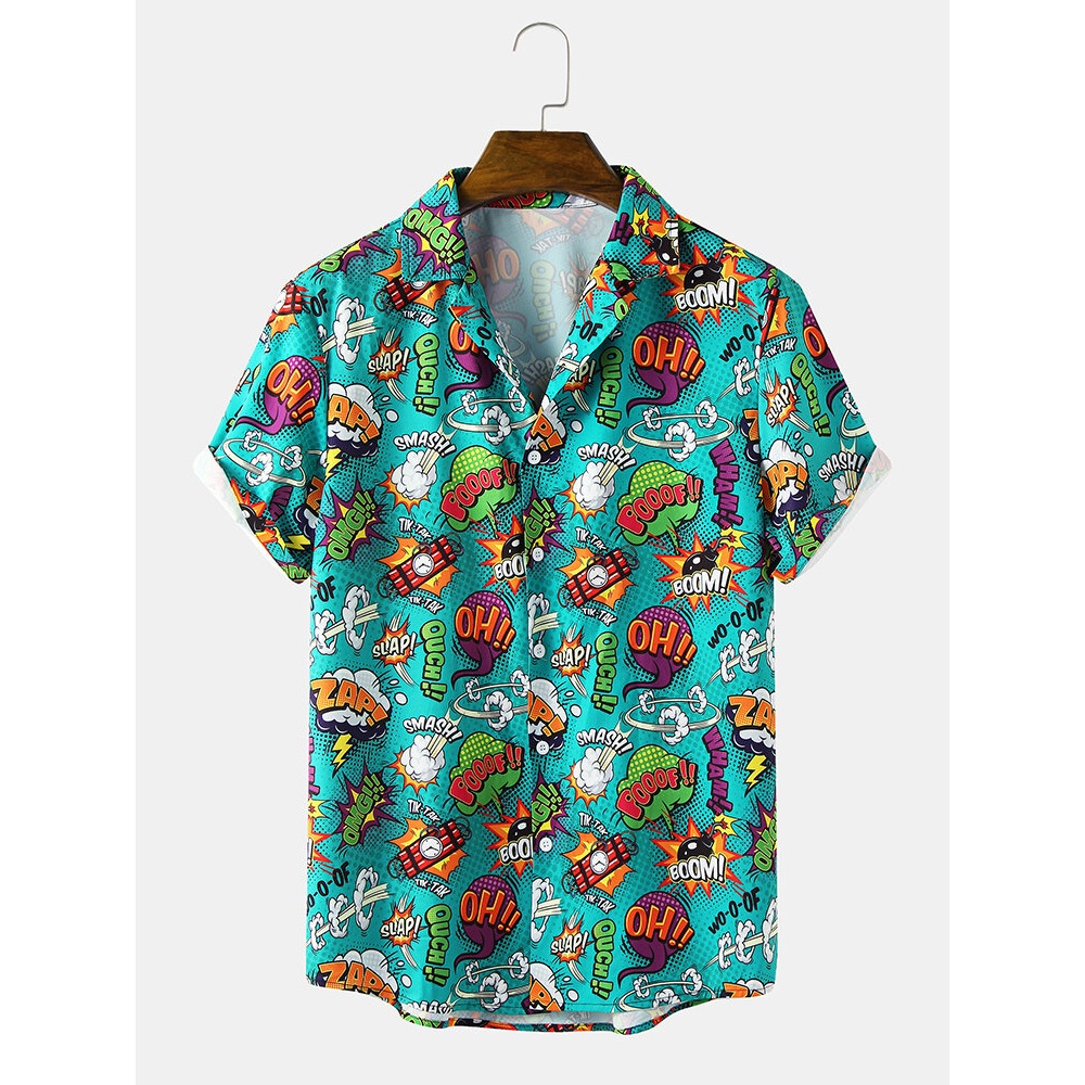 Mens Caroon Letter Revere Collar Short Sleeve Shirt - Green S