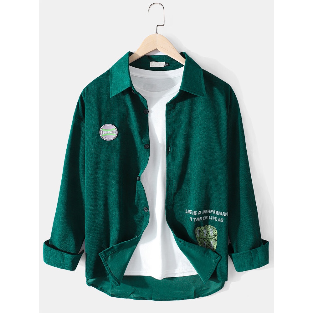 Corduroy Mens Cotton Solid Color Letter Print Pattern Lapel Long Sleeve Design Shirts - Green 3XL