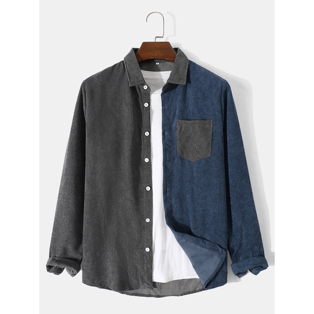 Men Corduroy Contrast Colorblock Front Button Lapel Casual Shirts - Grey XL