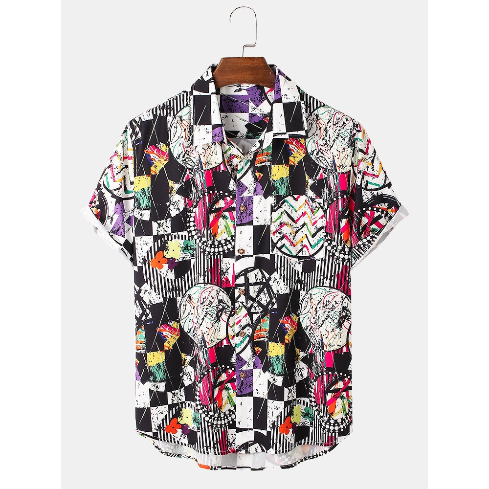 Mens Color Block Contrast Graffiti Lapel Short Sleeve Shirt - Black S