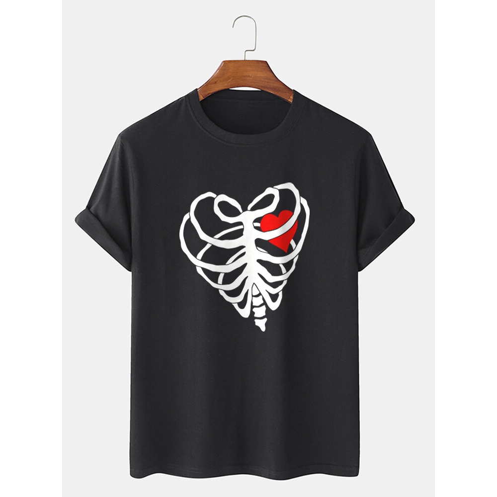 Mens Casual Heart-shaped Skeleton Cotton Hem Cuff T-shirt - Black XL