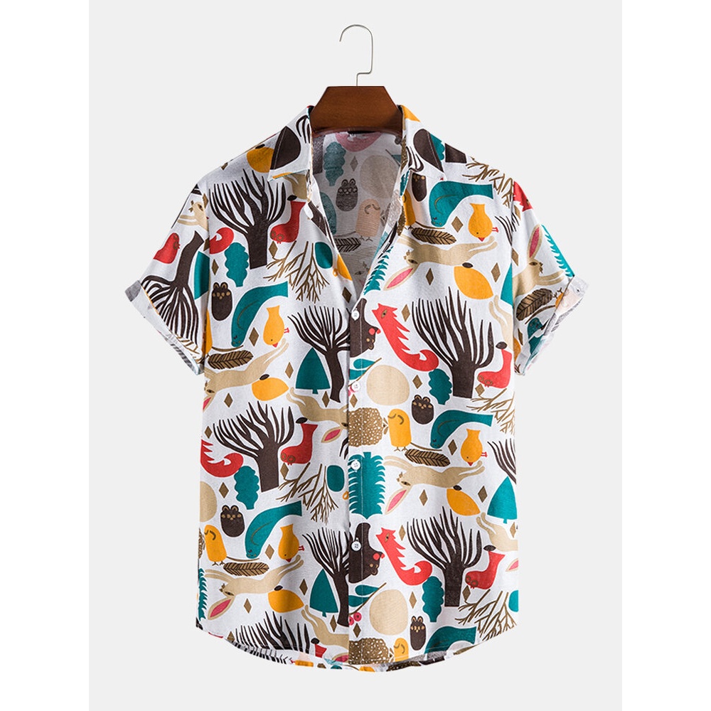 Mens Cotton Cartoon Forest Animal Print Lapel Shirts - White M