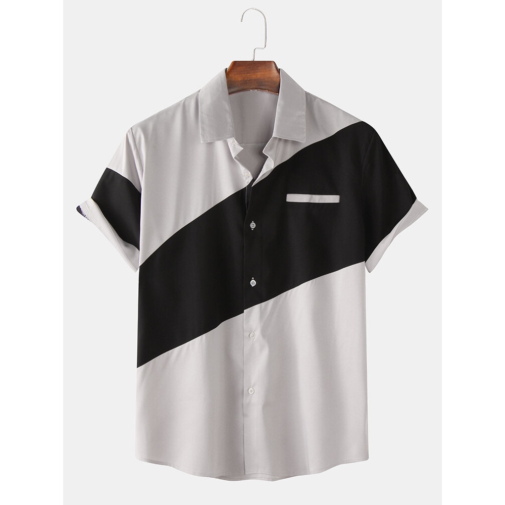 Men Color Block Short Sleeve Button Up Turn Down Collar Casual Shirts - Grey S