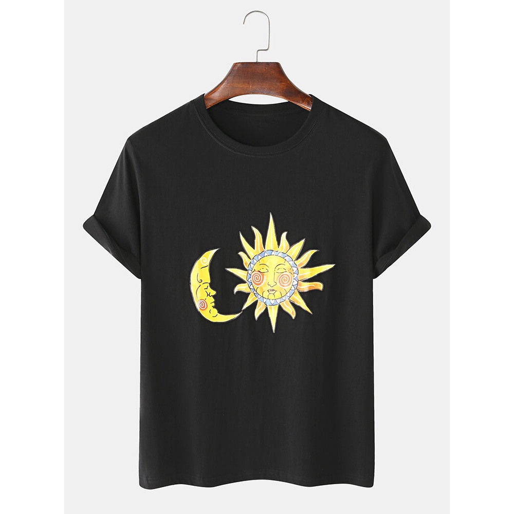 Design Cartoon Sun & Moon Cotton Round Neck Short Sleeve Loose T-Shirts - Black L
