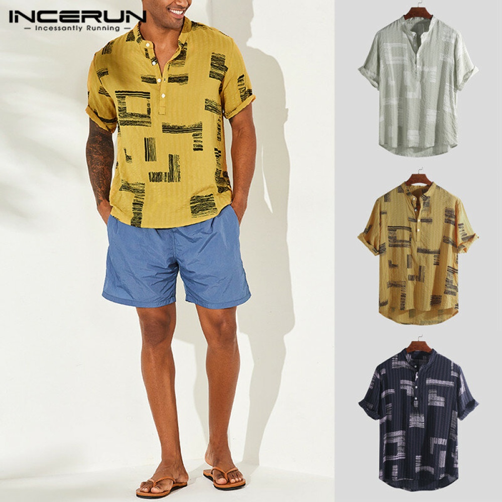 Mens Casual Floral Button T Shirt V Neck Breathable Beach Holiday Shirt Tops Tee - S Khaki