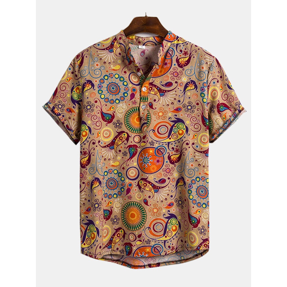 Men Ethnic Pattern Print Short Sleeve Henley Shirts - M Orange