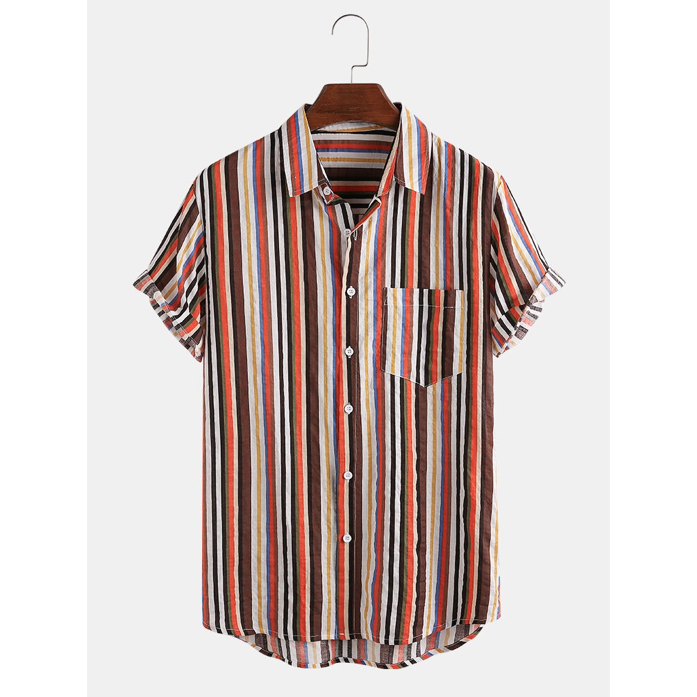 Mens Cotton Colorful Striped Patch Pocket Short Sleeve Casual Shirts - Orange M