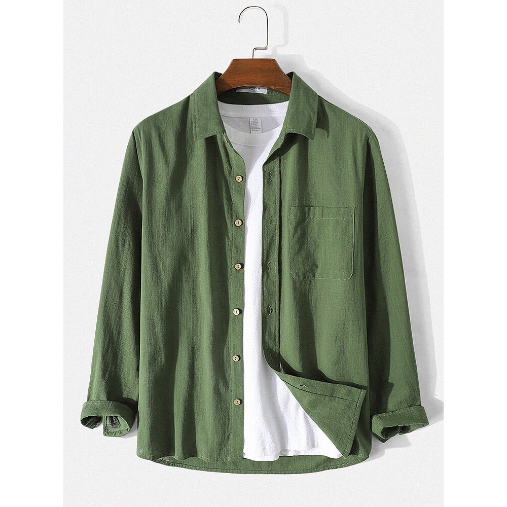 Mens 100% Cotton Solid Color Chest Pocket Basic Shirts - Green S