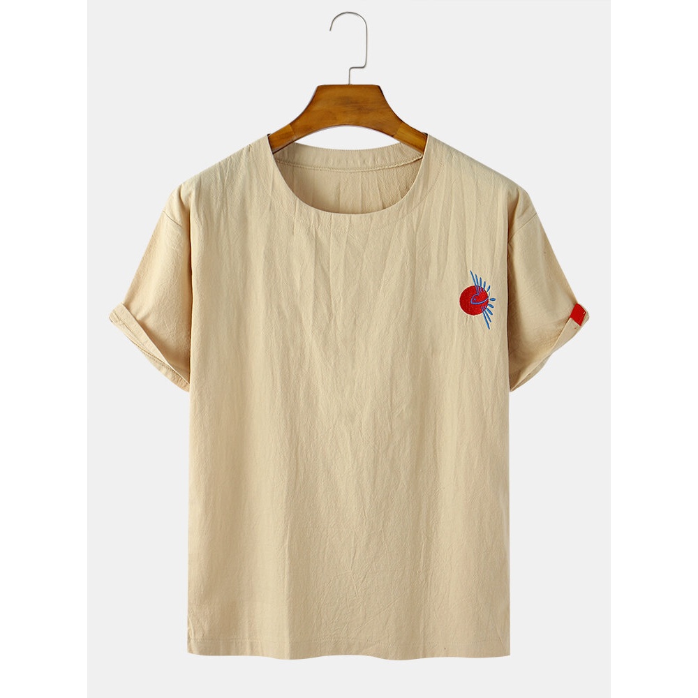 Mens Embroidered Solid Color Loose Light Round Neck Casual T-Shirts - White XL