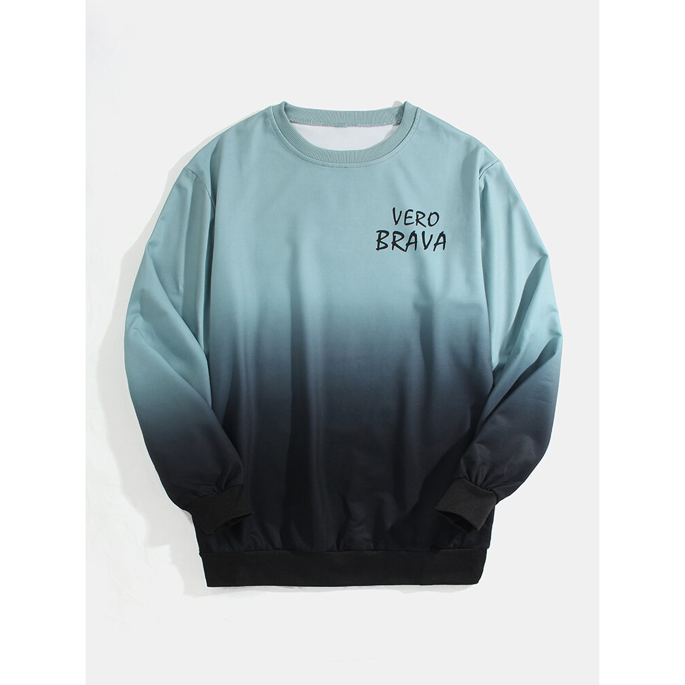 Mens Letter Print Ombre Pullover Long Sleeve Casual Sweatshirts - White S