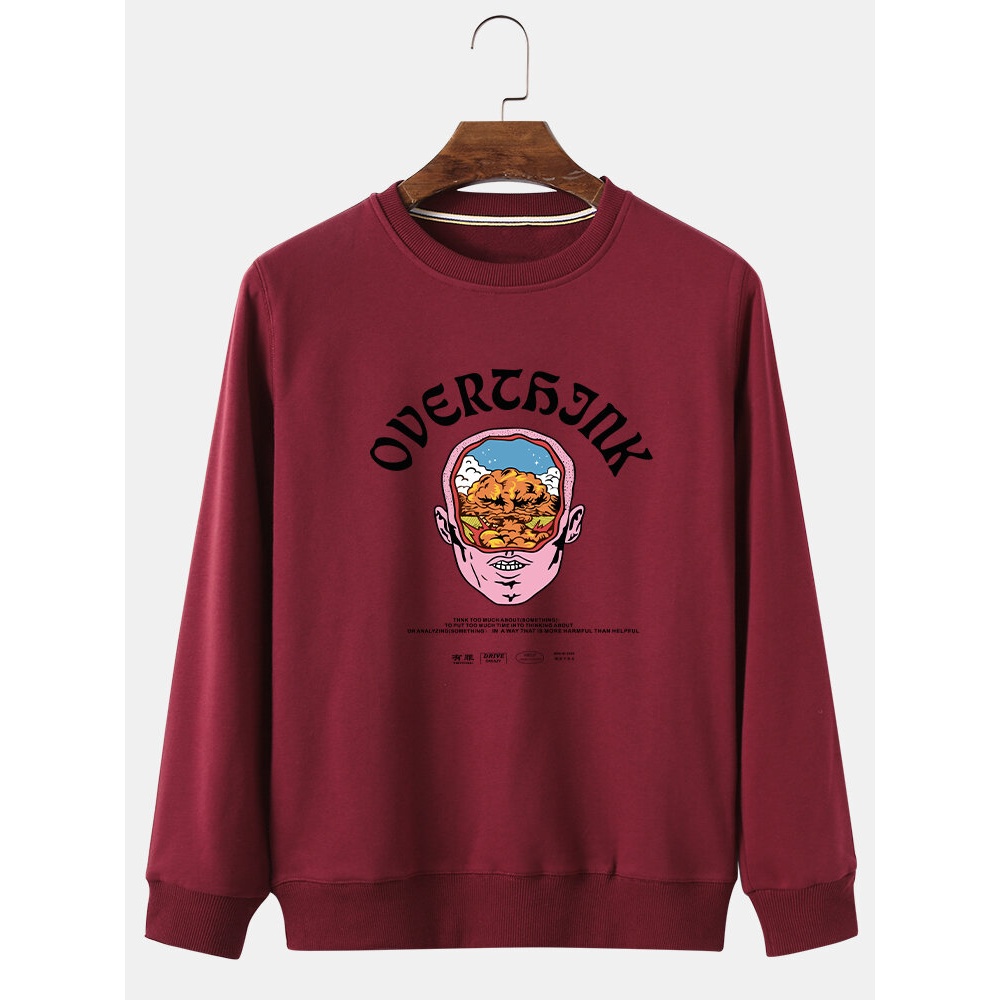 Mens Letter Character Chest Print Cotton Solid Color Loose Fit Pullover Sweatshirts - Black M