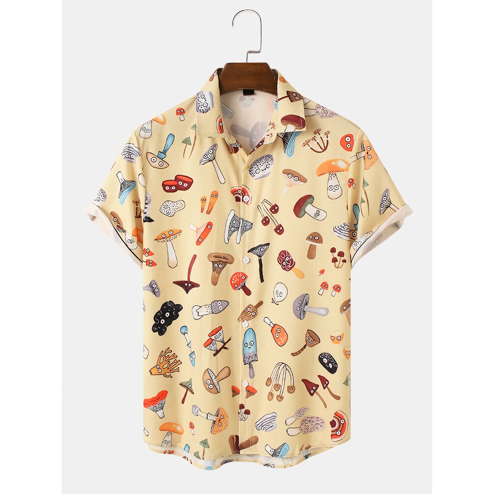 Mens Funny Mushroom Cartoon Casual Shirts - Yellow M