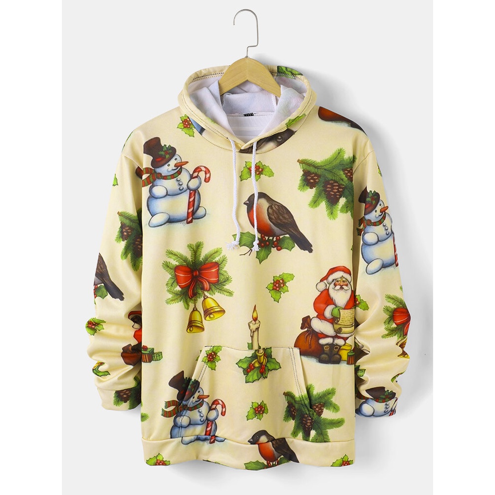 Mens  Snowman Print Casual Drawstring Hoodies With Pouch Pocket - Beige XL
