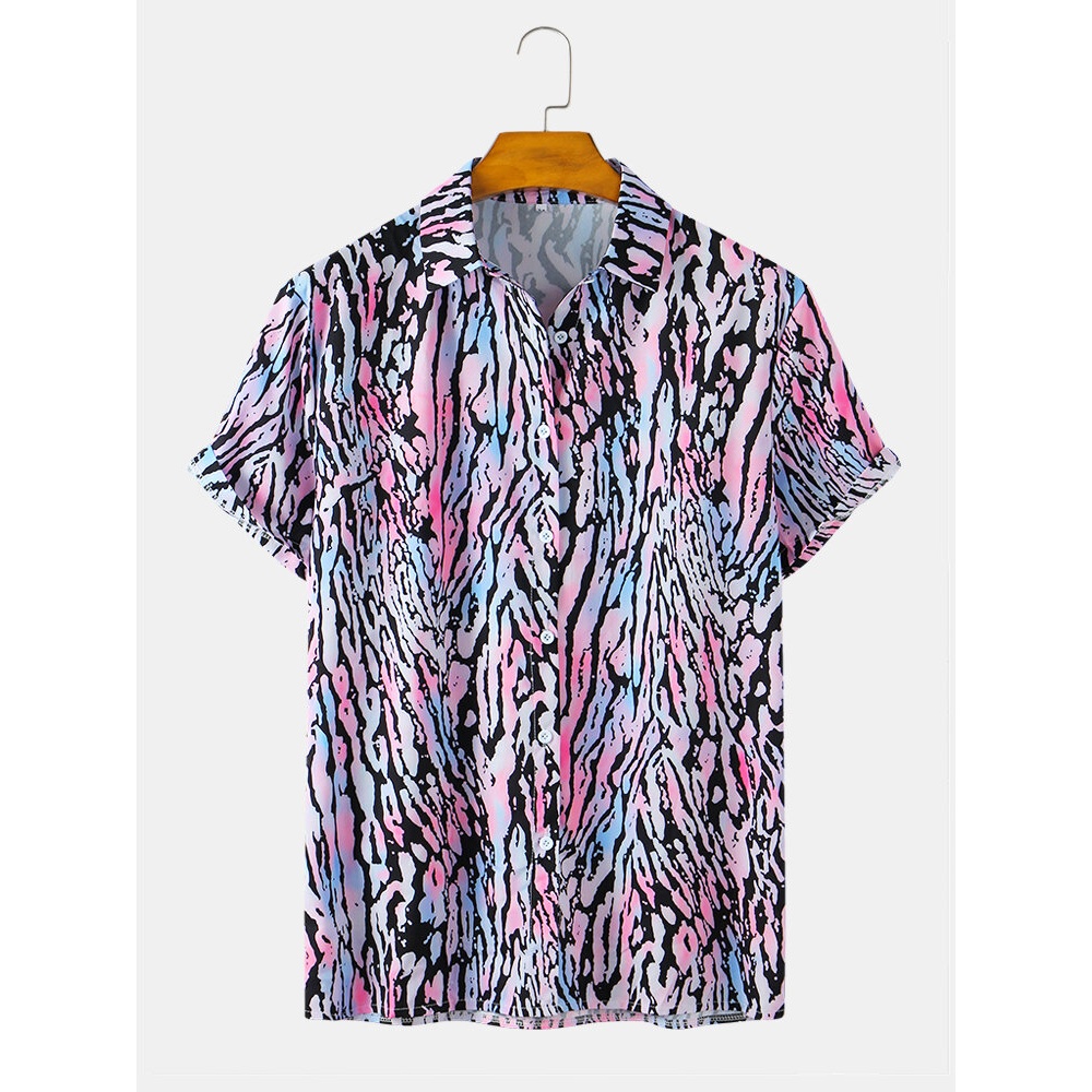 Colorful Leopard Lapel Collar Short Sleeve Casual Shirts - Colorful M