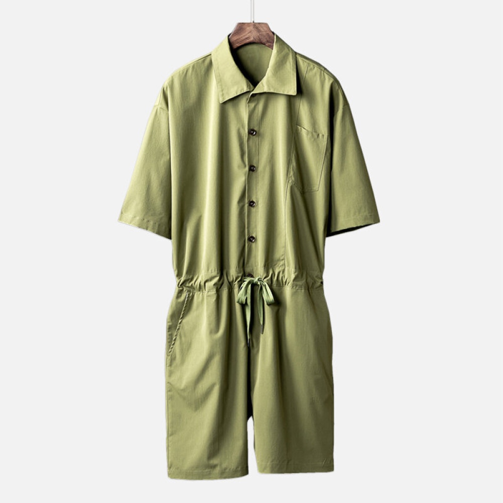 Mens Romper Suit Short Sleeve Drawstring Loose Casual Jumpsu - L Black