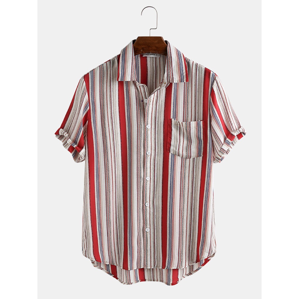 Mens Cotton Vertical Stripe Practical Pocket Short Sleeve Casual Shirts - 3XL Green