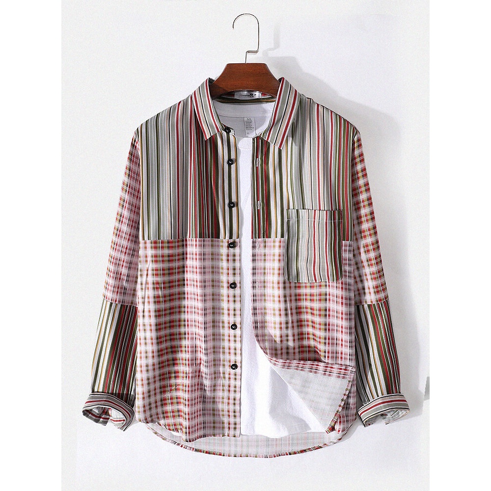 Mens Striped Plaid Mix Print Patchwork Lapel Long Sleeve Shirt - Pink S