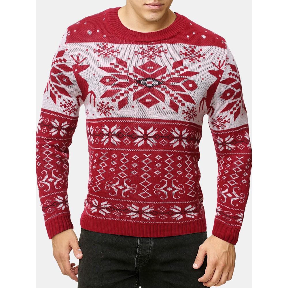 Mens Snowflake  Style Graphics Long Sleeve Knitted Sweaters - S White