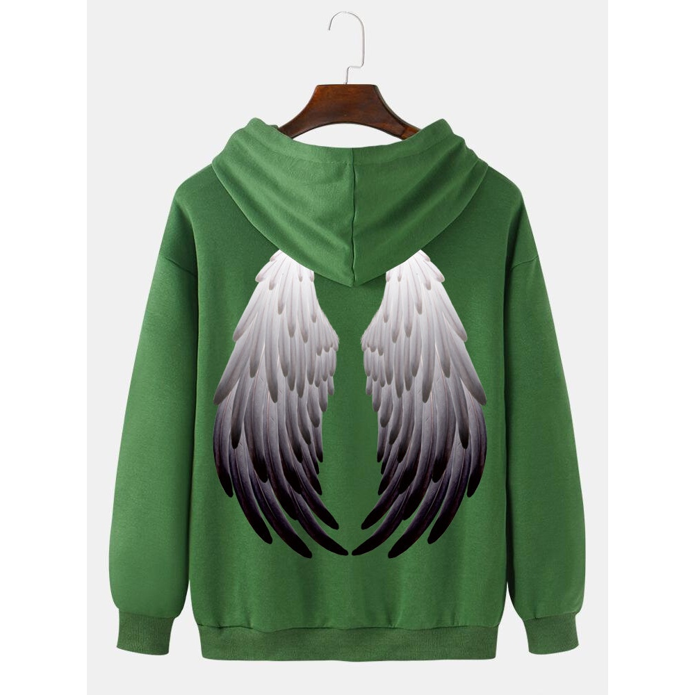 Mens Wing Pattern Letter Print Drop Shoulder Long Sleeve Deisgn Hoodies - Black S