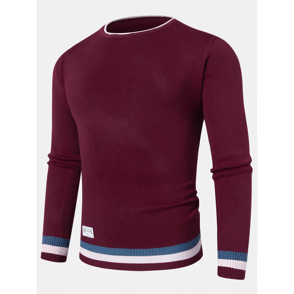 Mens Knitted Contrast Rib Round Neck Long Sleeve Pullover Sweaters - Wine Red L