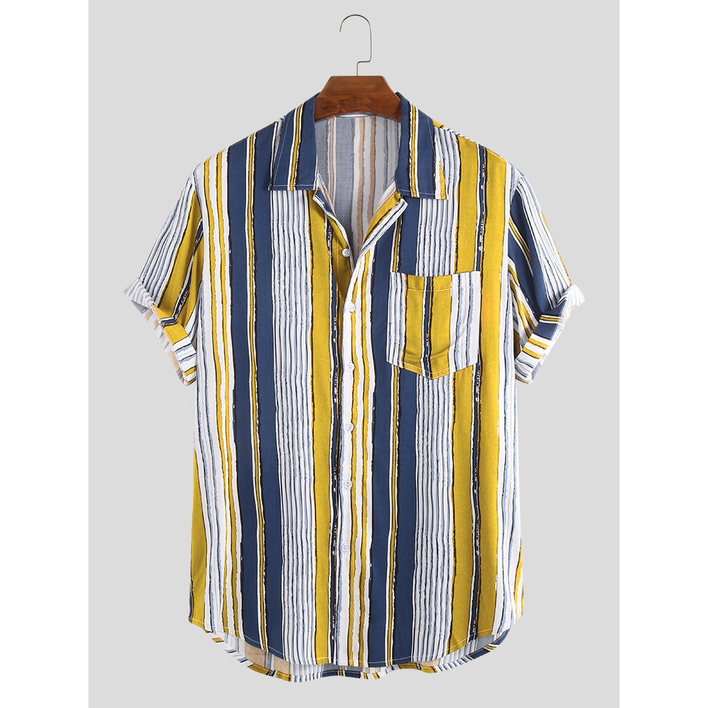 Mens Summer Casual Loose Short Sleeve Striped Shirts - 3XL Army Green