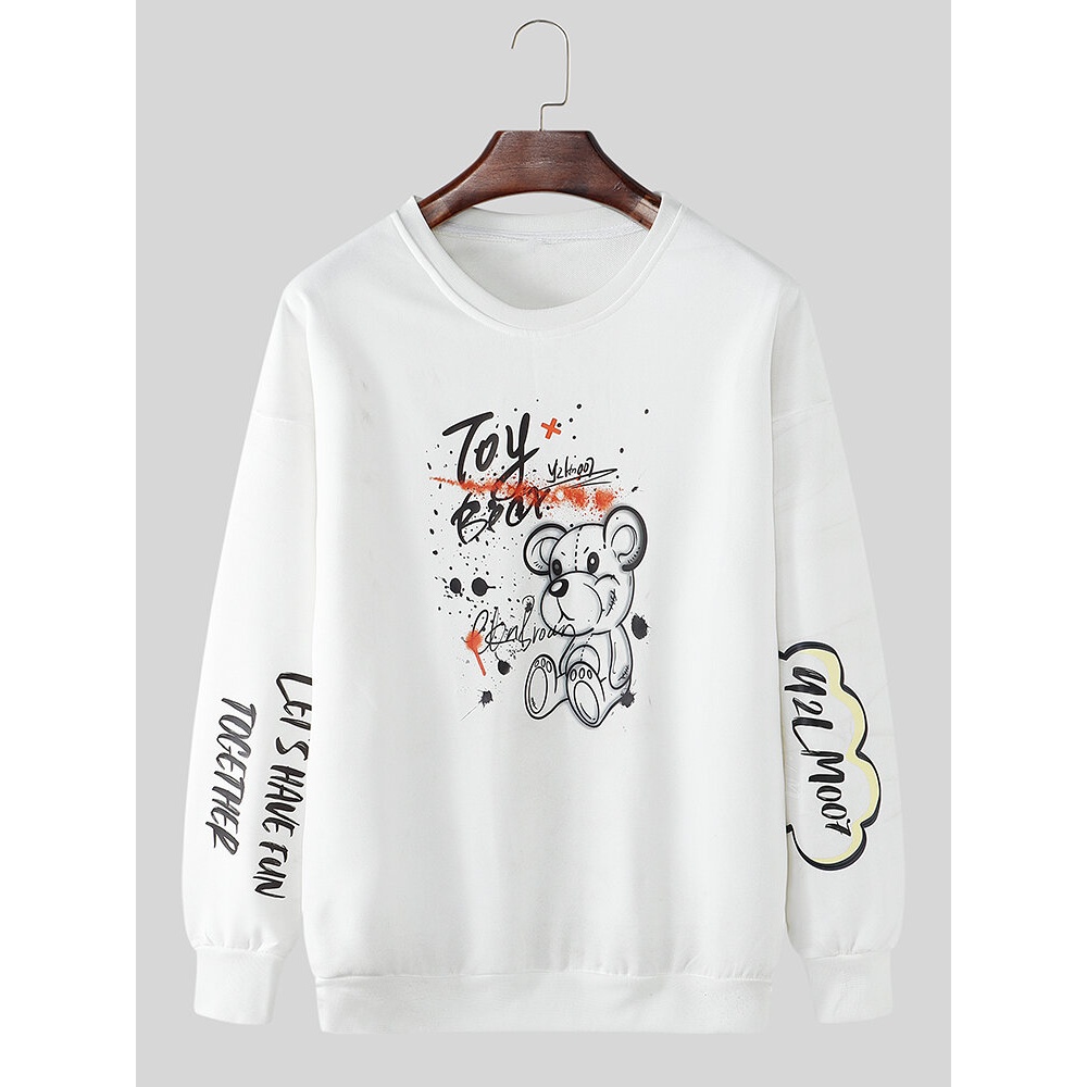 Mens Toy Bear Letter Sleeve Print Crew Neck Cotton Loose Sweatshirts - White XL