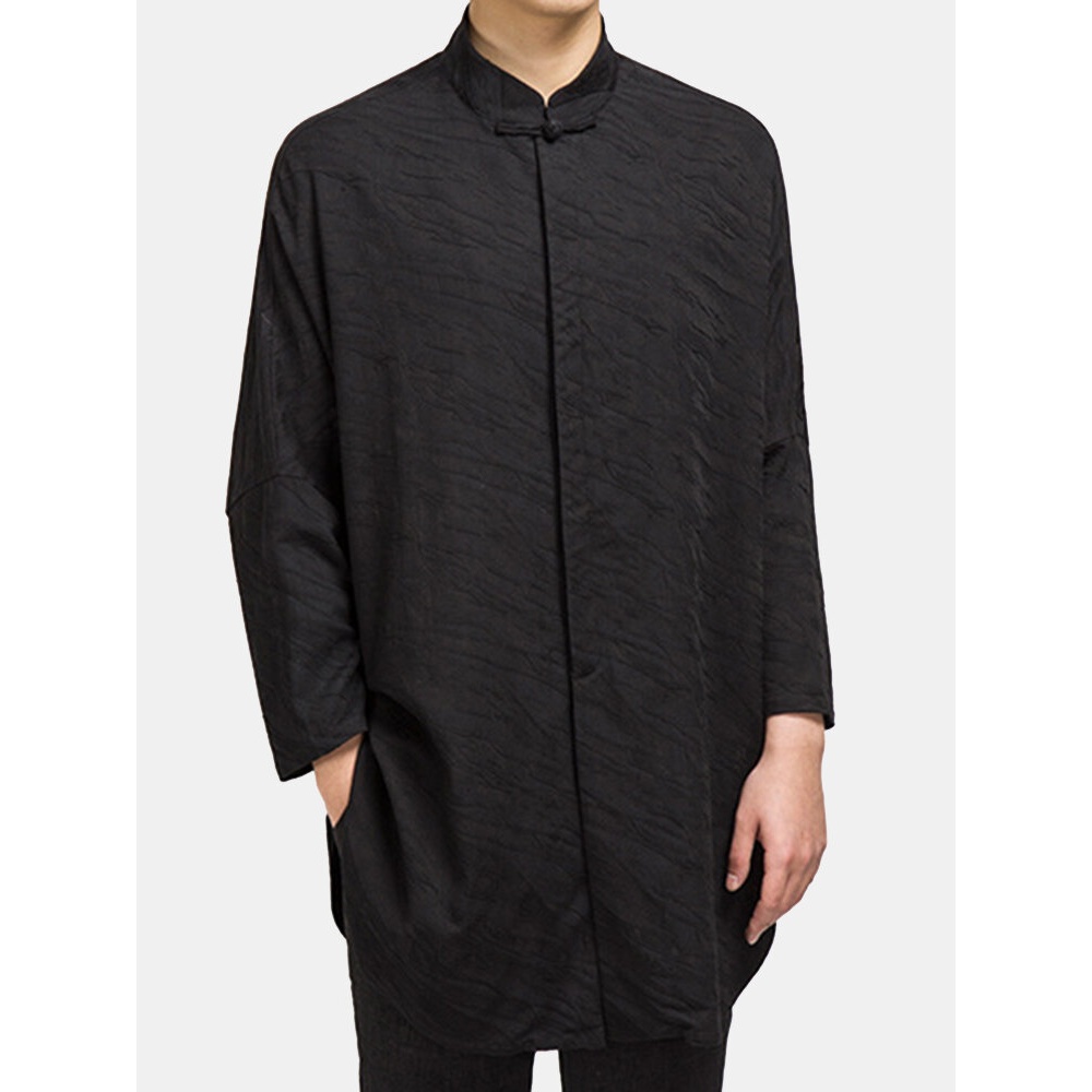 Chinese Style Cotton Linen Jacquard Shirt - L Black