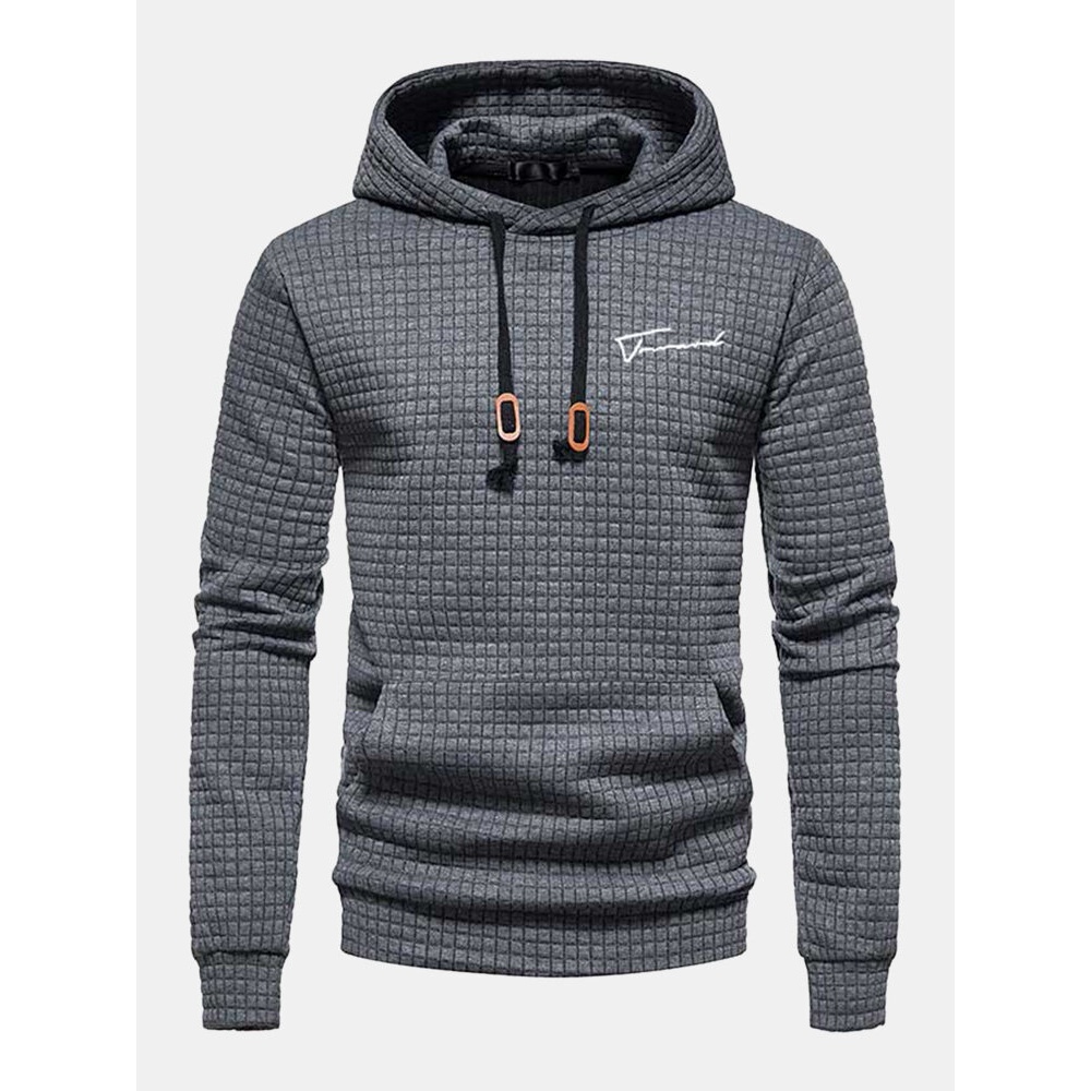 Men Waffles Lattice Drawstring Kangaroo Pocket Solid Hooded Sweatshirt - Black S