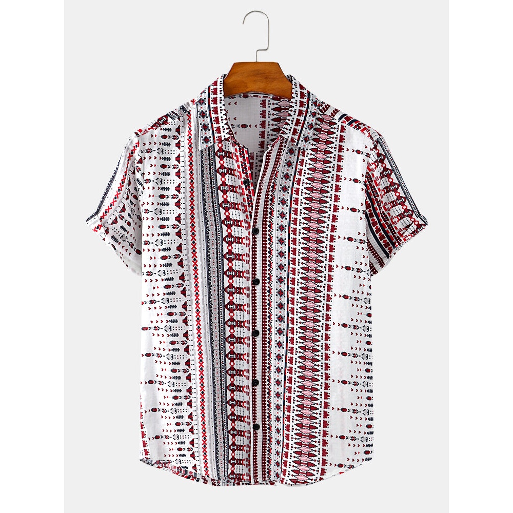 Mens Cotton Ethnic Print Patchwork Button Up Short Sleeve Breathable Lapel Collar Shirts - White XL
