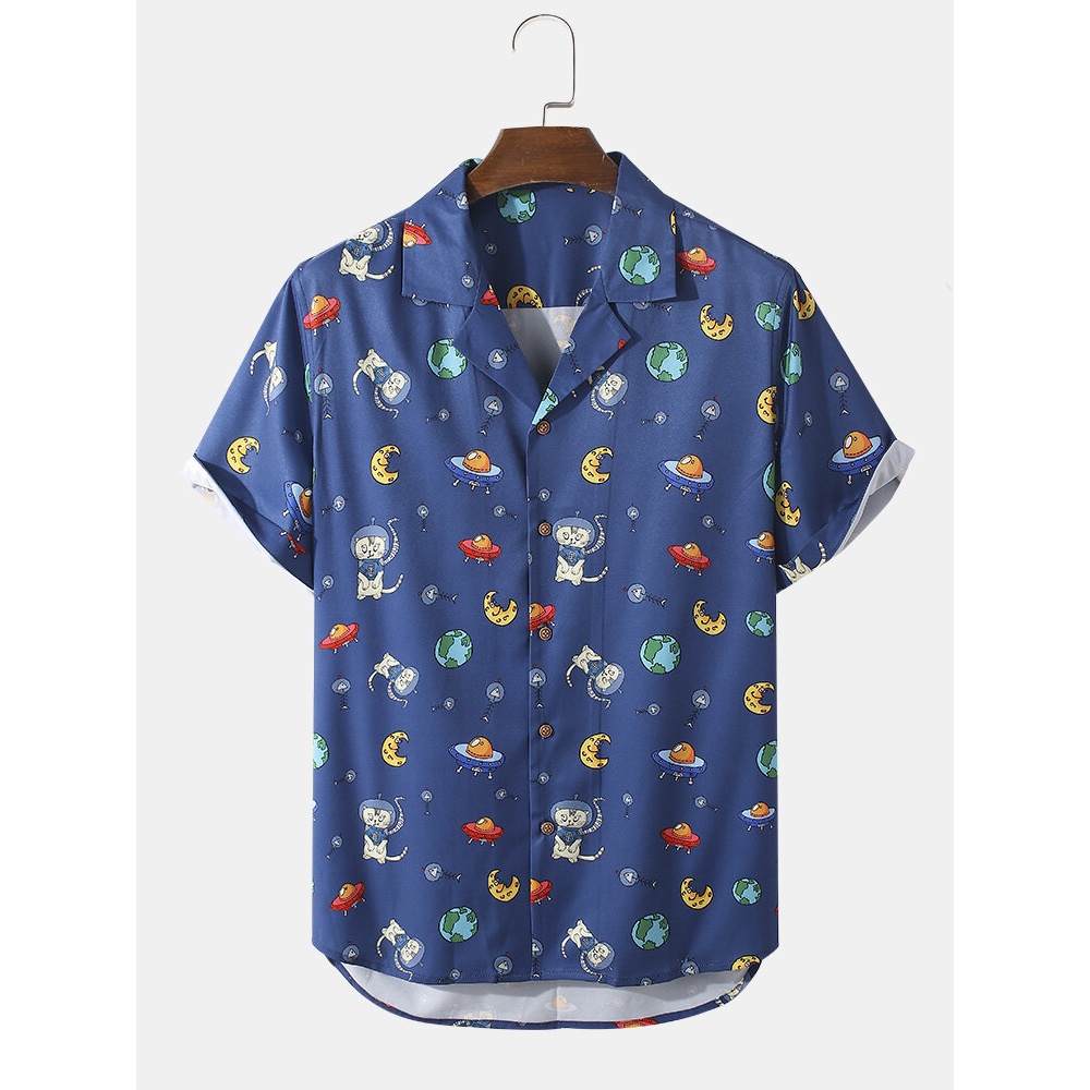 Mens Cartoon Earth&Moon&Cat Print Short Sleeve Revere Collar Shirt - Blue S