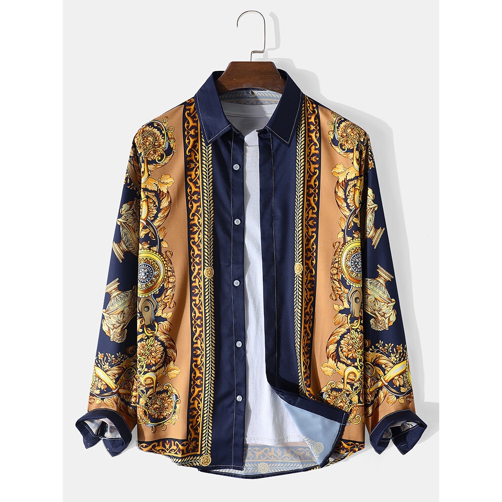 Men Baroque Style Print Button Up Lapel Long Sleeve Leisure Shirts - Gold M