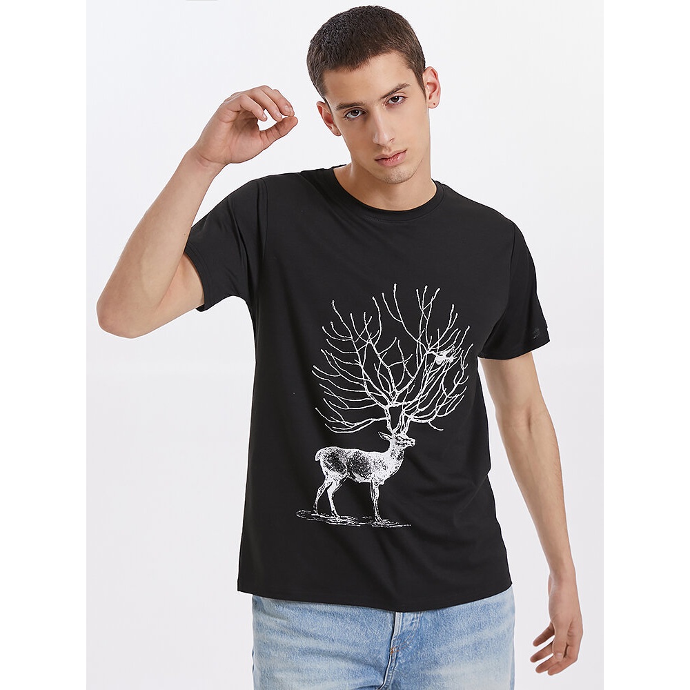 Mens Cartoon Reindeer Graphics Crew Neck Short Sleeve T-Shirt - Black S