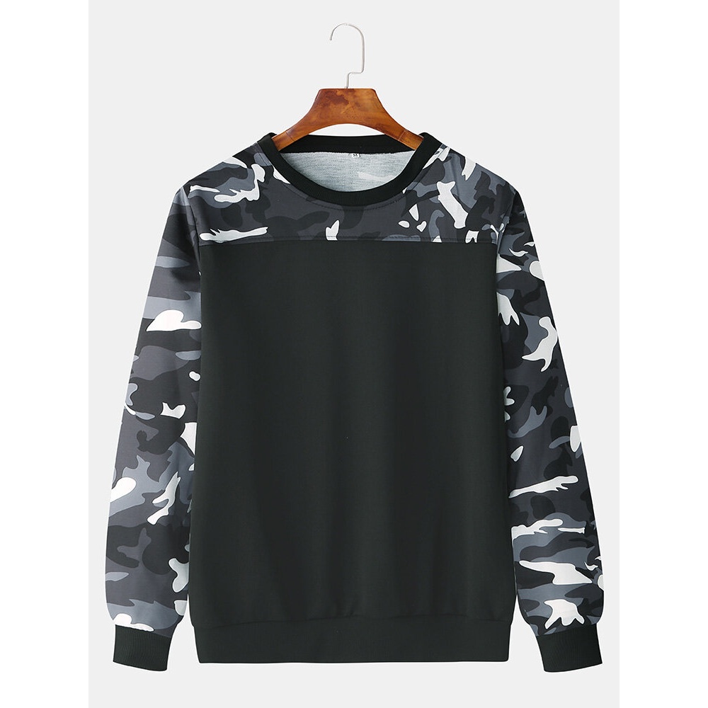 Men Fashion Casual Black Camouflage Crew Neck Sweatshirt - L Black