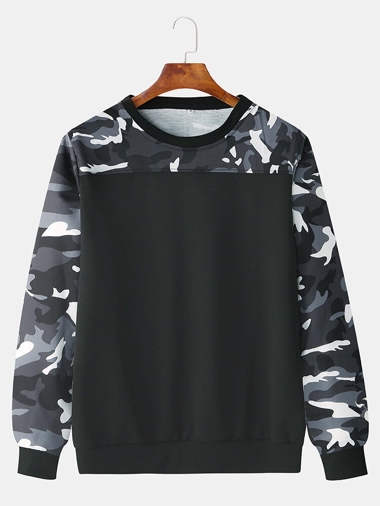 Men Fashion Casual Black Camouflage Crew Neck Sweatshirt - L Black