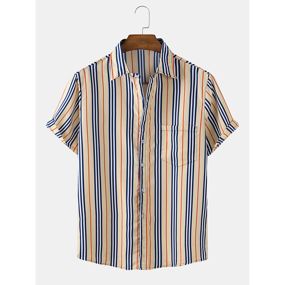 Mens Vertical Stripes Chest Pocket Short Sleeve Casual Relaxed Shirts - White XL