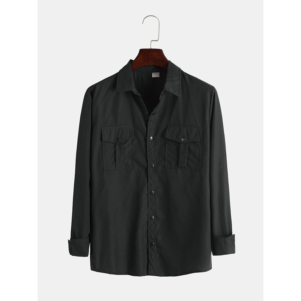 Men Cotton Solid Color Multi-pocket Long Sleeve Tooling - M White