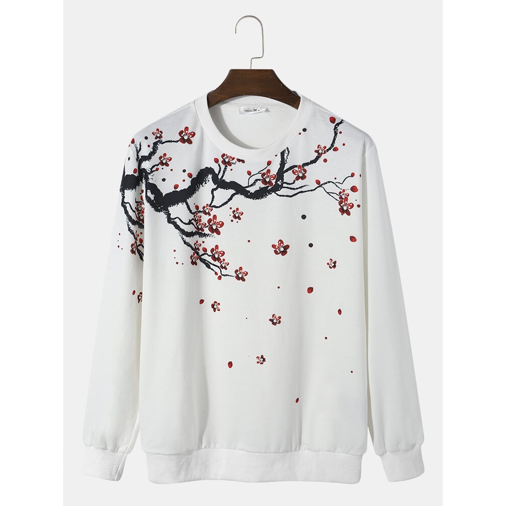 Mens Blossom Landscape Printed Round Neck Sweatshirt - White S