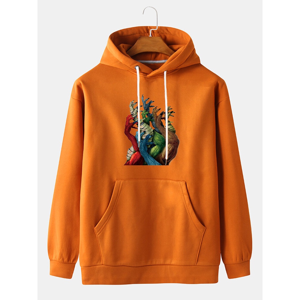 Mens Arm Print Long Sleeve Drawstring Hoodies With Pocket - Orange XL