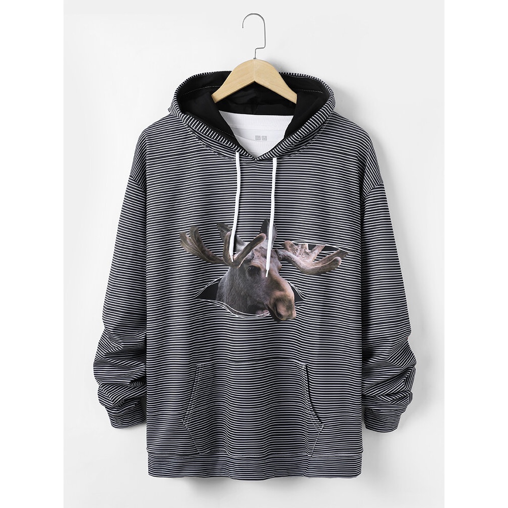 Mens Stripe 3D Animal Print Casual Drawstring Hoodies With Pouch Pocket - Black 2XL