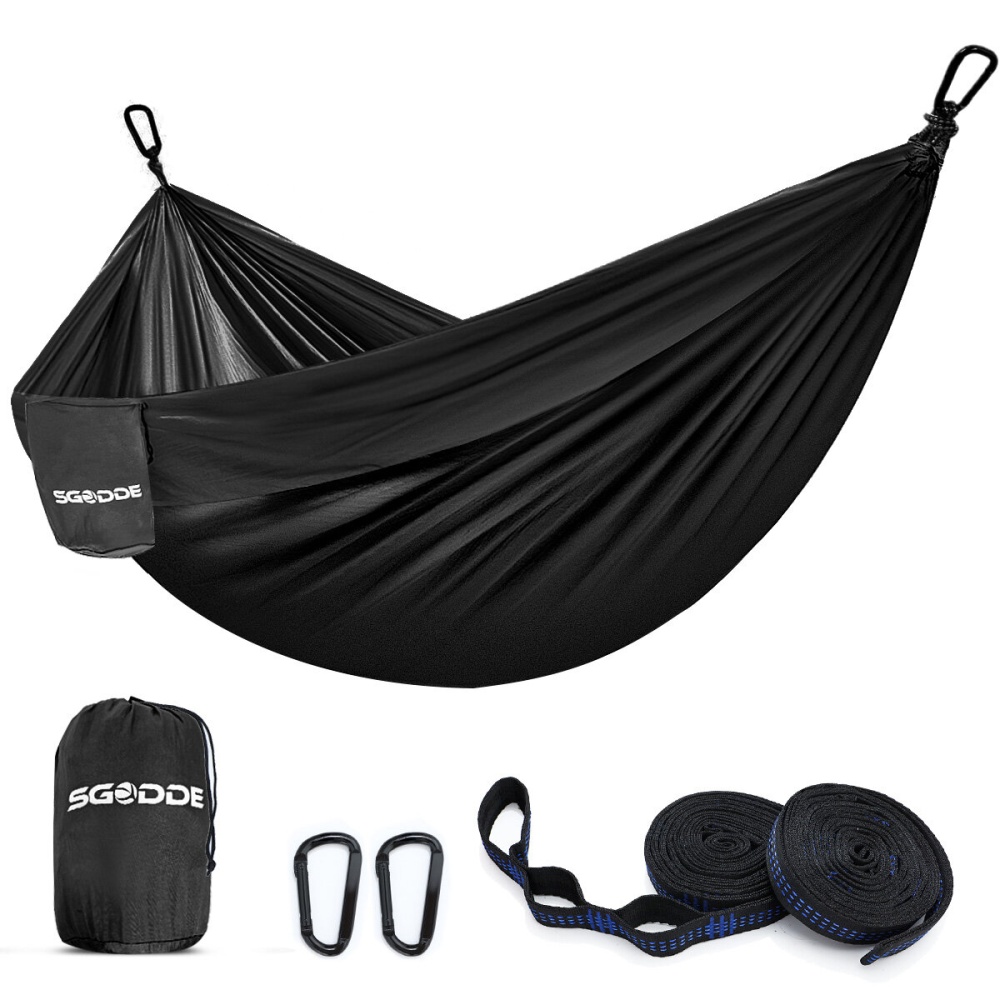 SGODDE Double People Camping Hammock Portable Lightweight Hanging Bed with Tree Straps Travel Beach Backyard Patio - Black 1 - Image 2