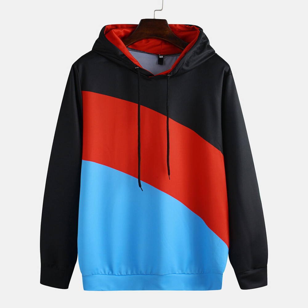 Mens Patchwork Color Block Long Sleeve Hooded Sweatshirt - S Blue