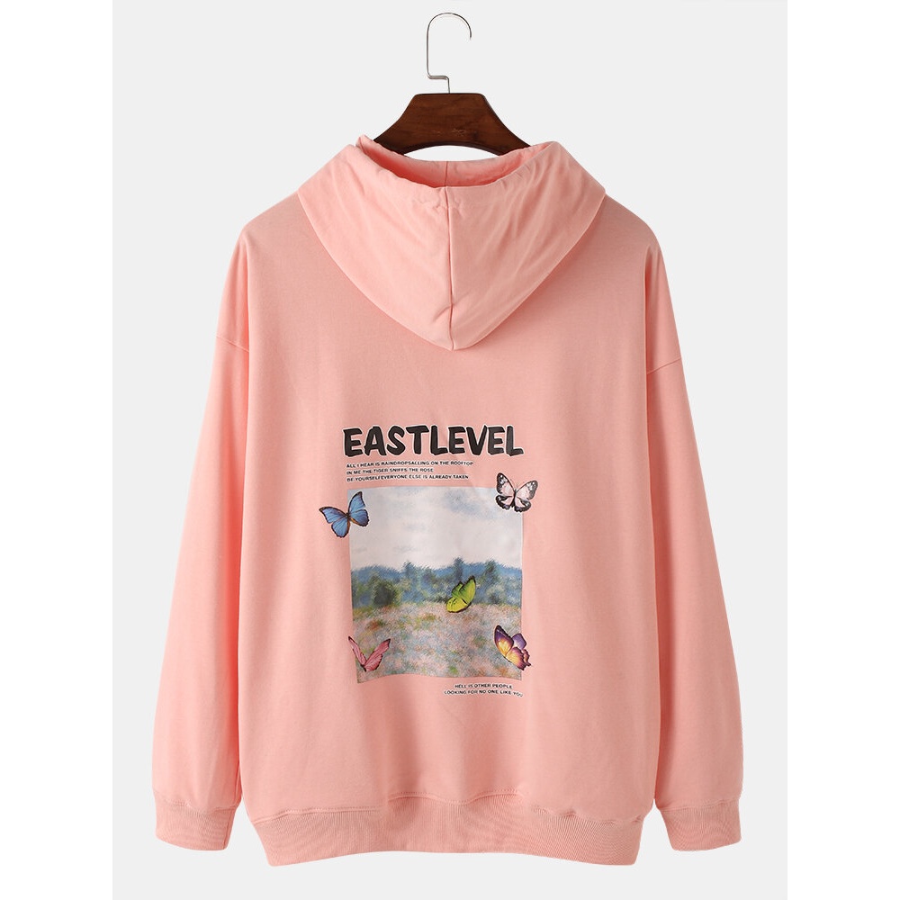 Mens Butterfly & Landscape Back Print Drop Shoulder Warm Hoodies - White XL